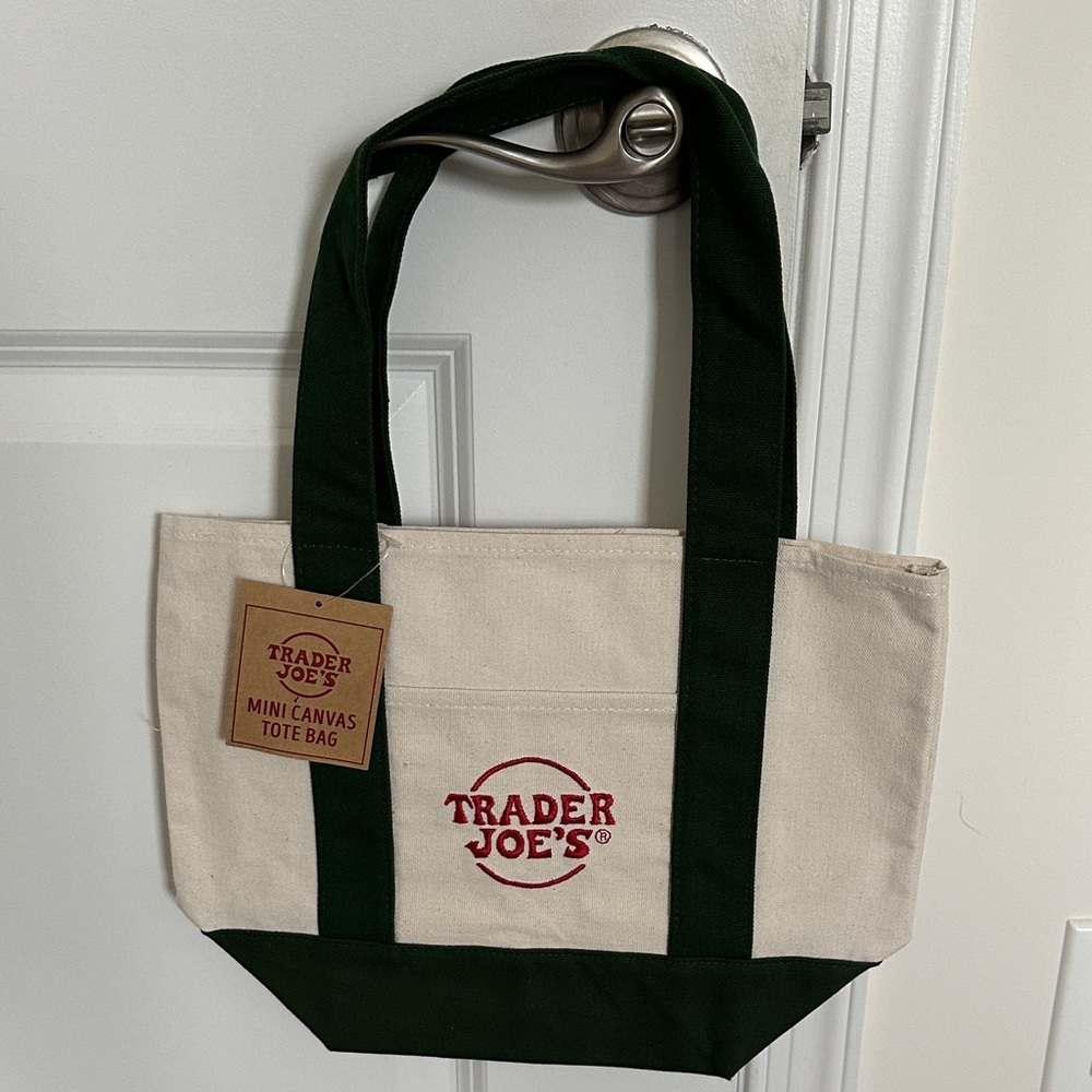 NWT Trader Joe's Canvas Mini Tote Bag - Cream and Green